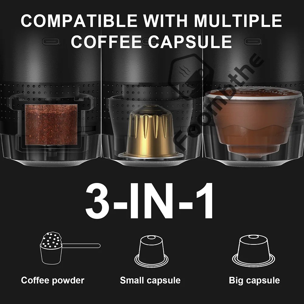 Cafetera Espresso port&aacute;til el&eacute;ctrica inal&aacute;mbrica para coche y hogar, cafetera para acampar, cafetera de viaje en polvo con c&aacute;psula 3 en 1