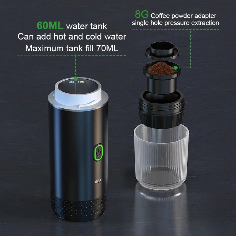 Cafetera Espresso port&aacute;til el&eacute;ctrica inal&aacute;mbrica para coche y hogar, cafetera para acampar, cafetera de viaje en polvo con c&aacute;psula 3 en 1