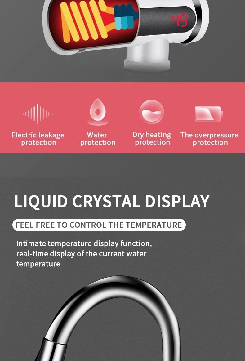 Calentador de agua el&eacute;ctrico saengQ, grifo de cocina de 220V, grifo de agua de calentamiento instant&aacute;neo sin tanque, mezclador calentado que fluye, pantalla Digital