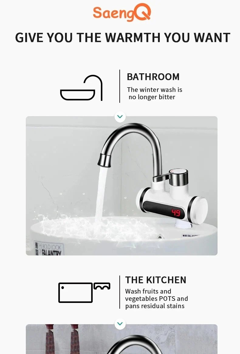 Calentador de agua el&eacute;ctrico saengQ, grifo de cocina de 220V, grifo de agua de calentamiento instant&aacute;neo sin tanque, mezclador calentado que fluye, pantalla Digital