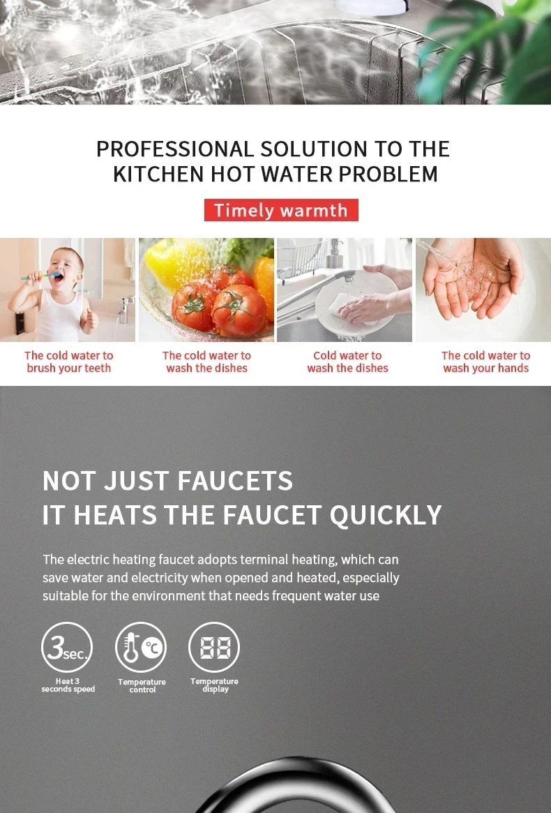 Calentador de agua el&eacute;ctrico saengQ, grifo de cocina de 220V, grifo de agua de calentamiento instant&aacute;neo sin tanque, mezclador calentado que fluye, pantalla Digital