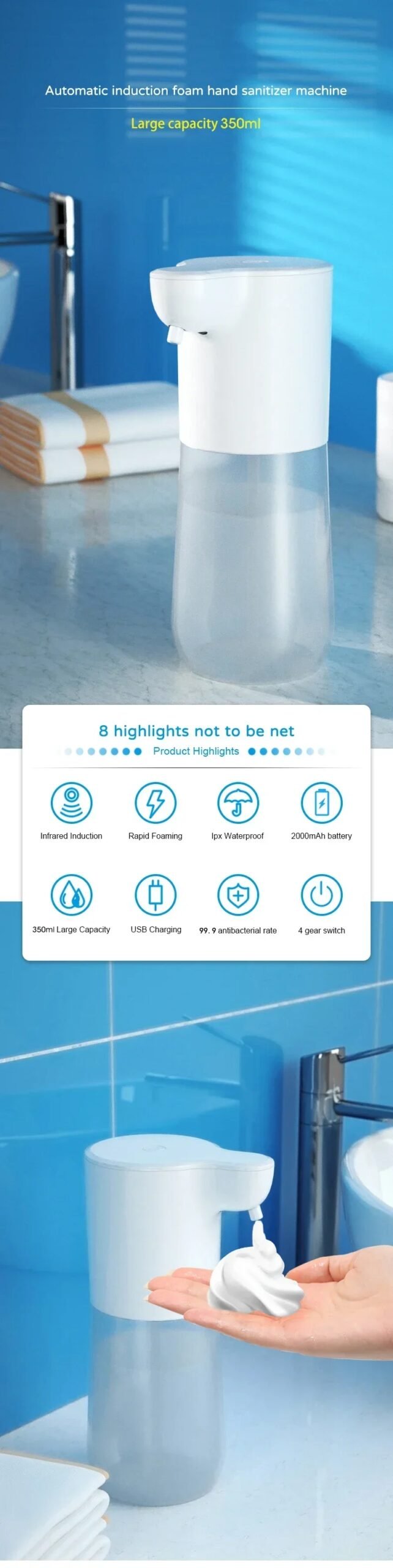 Dispensador autom&aacute;tico de jab&oacute;n con Sensor inteligente, m&aacute;quina desinfectante de manos, sin contacto, carga USB, 350ml