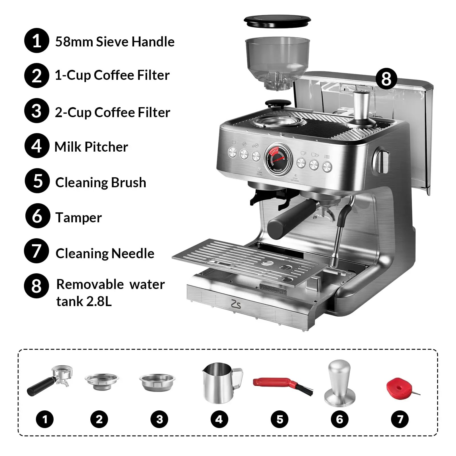 Cafetera Espresso con molinillo, cafetera Espresso profesional de acero inoxidable de 20 Bar con Espumador de leche, tanque de agua de 2,8 L