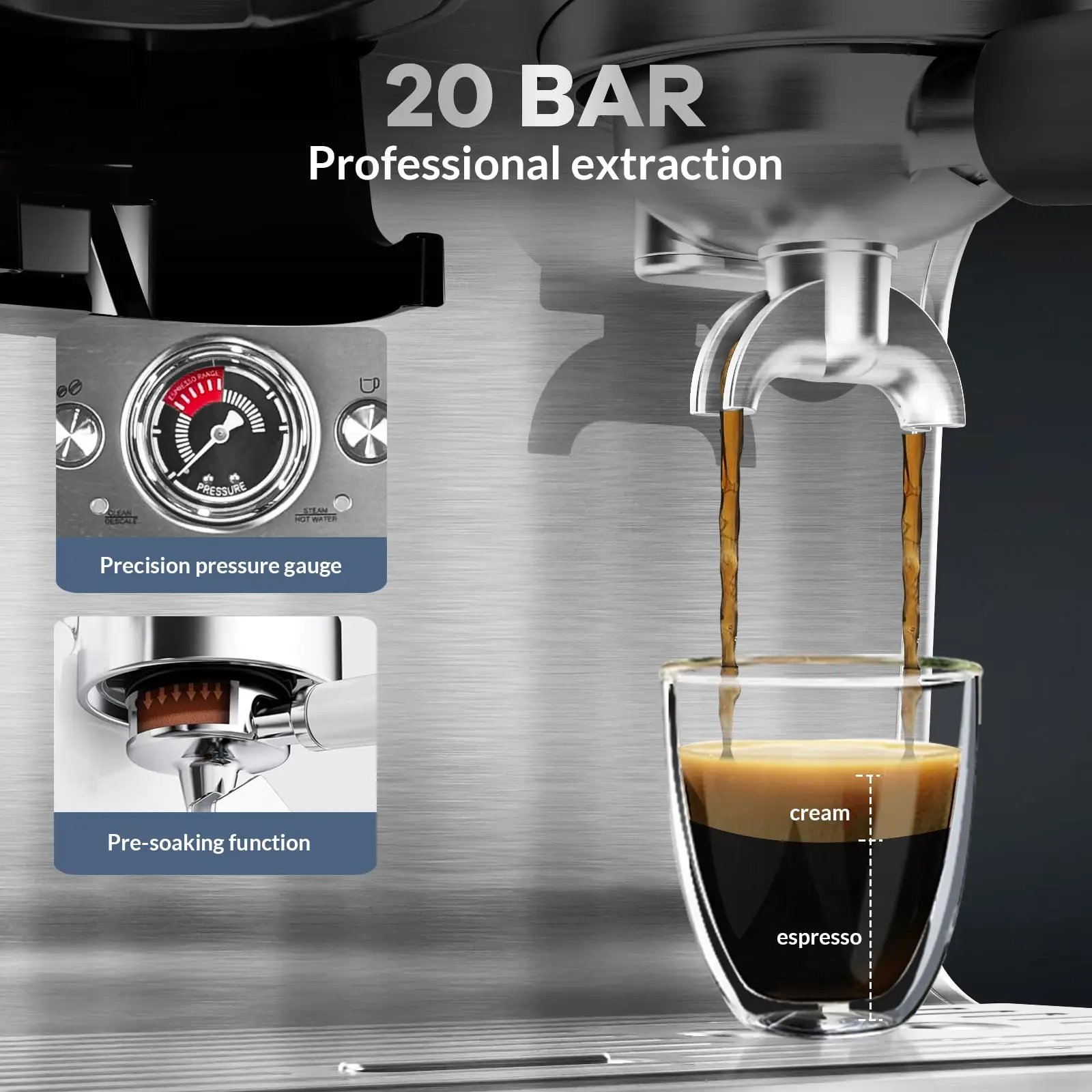Cafetera Espresso con molinillo, cafetera Espresso profesional de acero inoxidable de 20 Bar con Espumador de leche, tanque de agua de 2,8 L