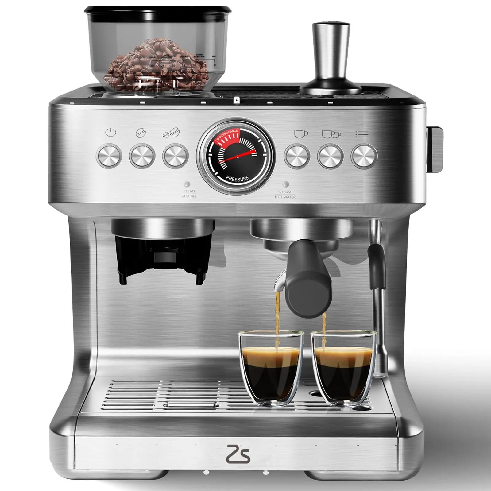 Cafetera Espresso con molinillo, cafetera Espresso profesional de acero inoxidable de 20 Bar con Espumador de leche, tanque de agua de 2,8 L