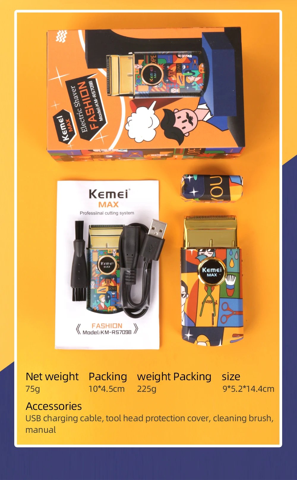 Kemei-Afeitadora eléctrica recíproca de doble lámina de titanio, maquinilla de afeitar profesional con acabado de peluquero, patrón de grafiti para hombres, KM-RS7098 Kemei-Afeitadora eléctrica recíproca de doble lámina de titanio, maquinilla de afeitar profesional con acabado de peluquero, patrón de grafiti para hombres, KM-RS7098