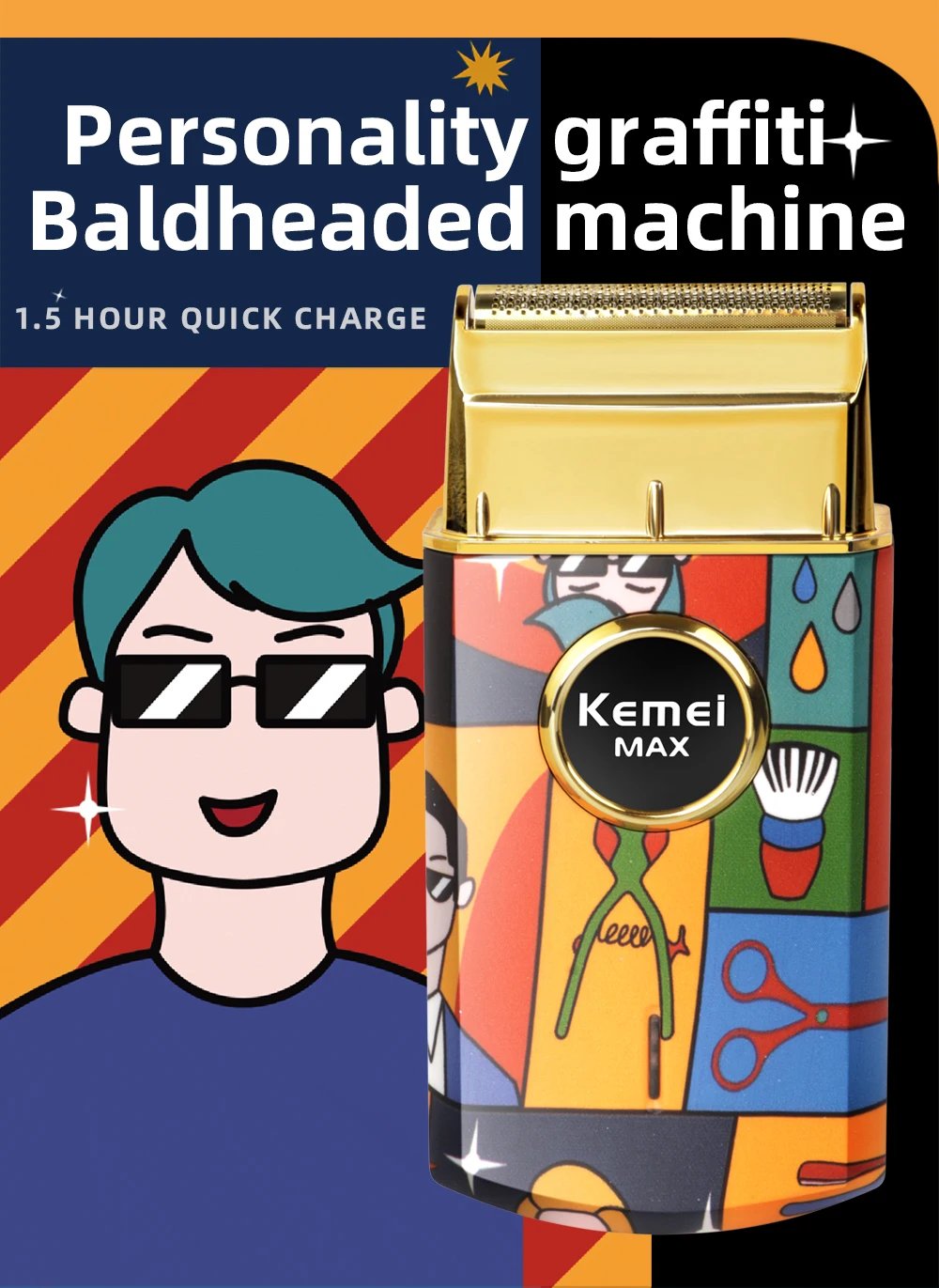 Kemei-Afeitadora eléctrica recíproca de doble lámina de titanio, maquinilla de afeitar profesional con acabado de peluquero, patrón de grafiti para hombres, KM-RS7098 Kemei-Afeitadora eléctrica recíproca de doble lámina de titanio, maquinilla de afeitar profesional con acabado de peluquero, patrón de grafiti para hombres, KM-RS7098