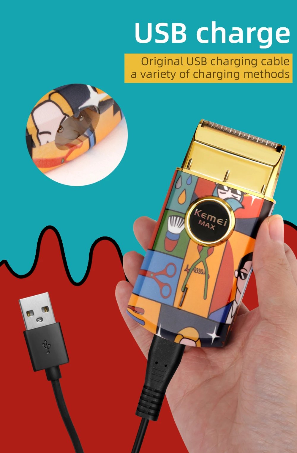 Kemei-Afeitadora eléctrica recíproca de doble lámina de titanio, maquinilla de afeitar profesional con acabado de peluquero, patrón de grafiti para hombres, KM-RS7098 Kemei-Afeitadora eléctrica recíproca de doble lámina de titanio, maquinilla de afeitar profesional con acabado de peluquero, patrón de grafiti para hombres, KM-RS7098