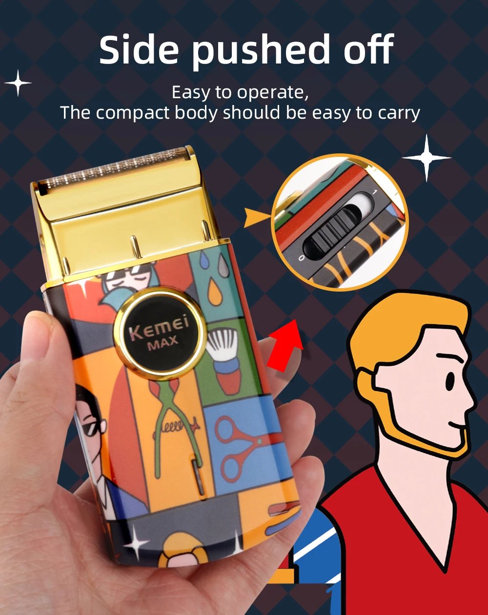 Kemei-Afeitadora eléctrica recíproca de doble lámina de titanio, maquinilla de afeitar profesional con acabado de peluquero, patrón de grafiti para hombres, KM-RS7098 Kemei-Afeitadora eléctrica recíproca de doble lámina de titanio, maquinilla de afeitar profesional con acabado de peluquero, patrón de grafiti para hombres, KM-RS7098