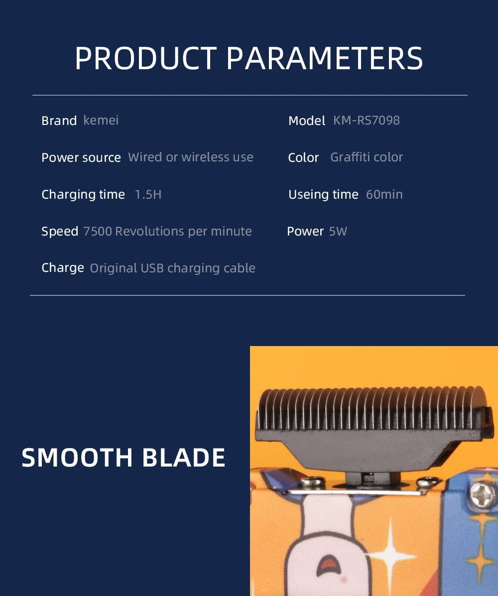 Kemei-Afeitadora eléctrica recíproca de doble lámina de titanio, maquinilla de afeitar profesional con acabado de peluquero, patrón de grafiti para hombres, KM-RS7098 Kemei-Afeitadora eléctrica recíproca de doble lámina de titanio, maquinilla de afeitar profesional con acabado de peluquero, patrón de grafiti para hombres, KM-RS7098