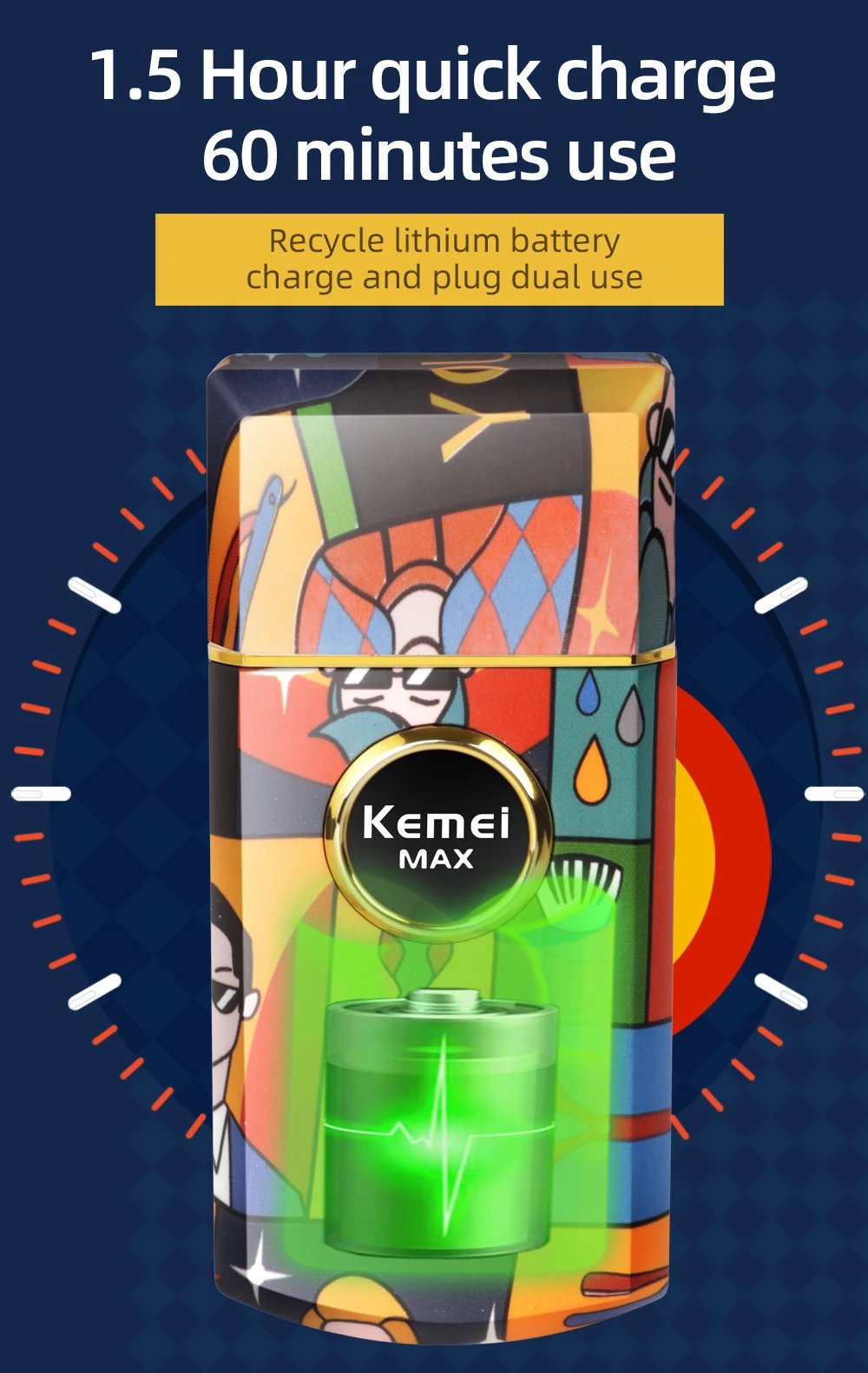 Kemei-Afeitadora eléctrica recíproca de doble lámina de titanio, maquinilla de afeitar profesional con acabado de peluquero, patrón de grafiti para hombres, KM-RS7098 Kemei-Afeitadora eléctrica recíproca de doble lámina de titanio, maquinilla de afeitar profesional con acabado de peluquero, patrón de grafiti para hombres, KM-RS7098