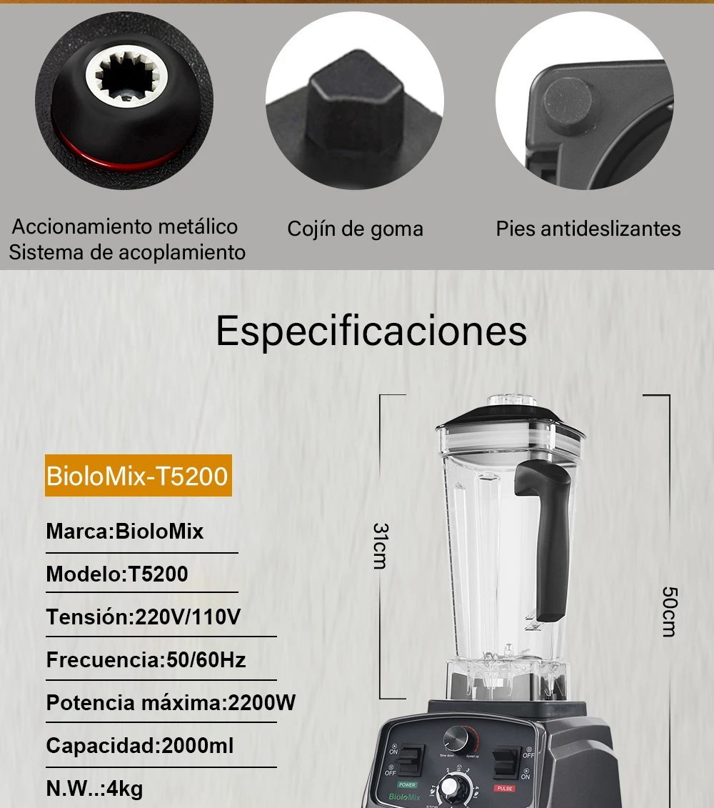 BioloMix-batidora con temporizador de alta resistencia, 3HP, 2200W, exprimidor, procesador de alimentos y frutas, batidos de hielo, sin BPA, tarro de 2L