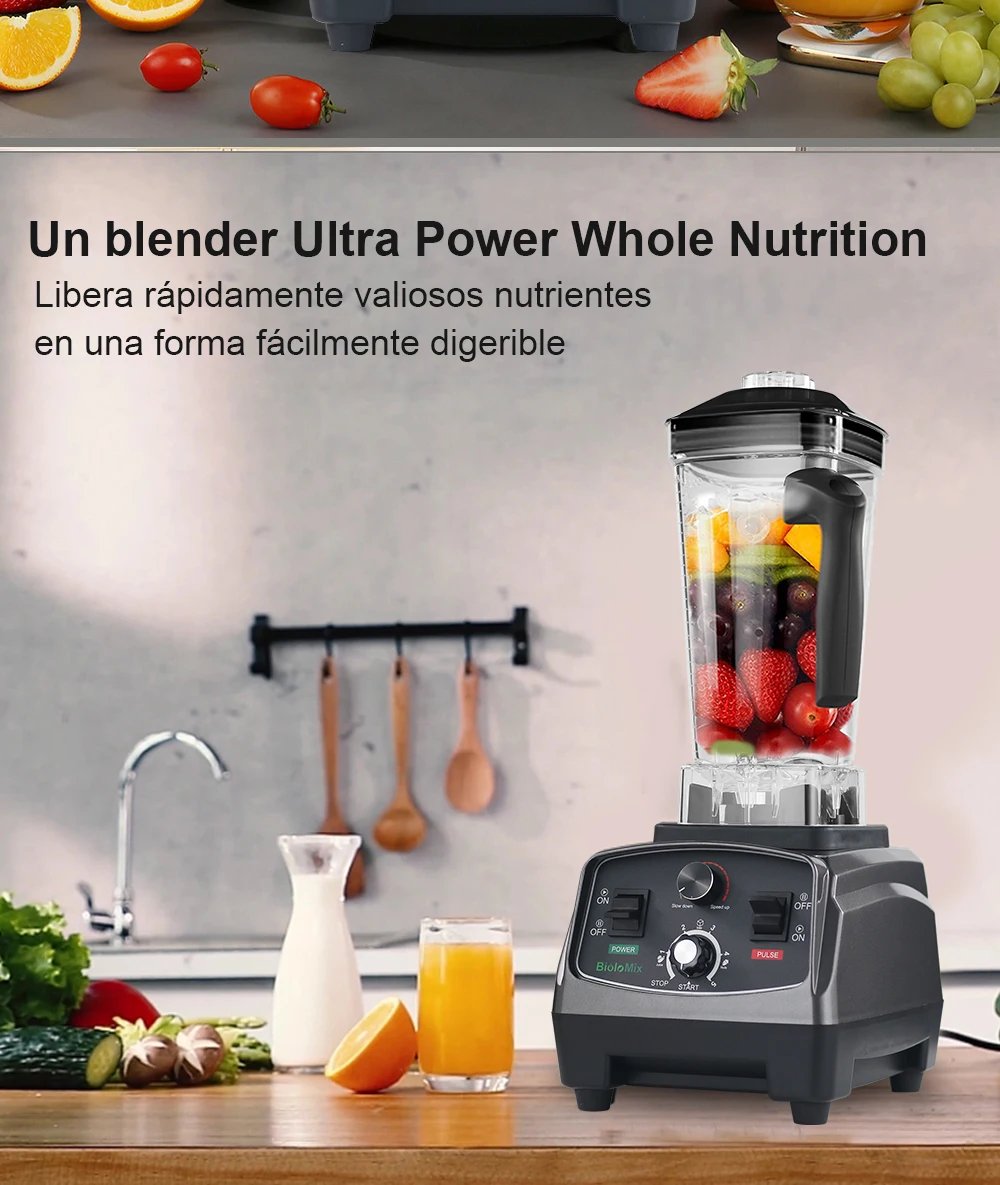 BioloMix-batidora con temporizador de alta resistencia, 3HP, 2200W, exprimidor, procesador de alimentos y frutas, batidos de hielo, sin BPA, tarro de 2L