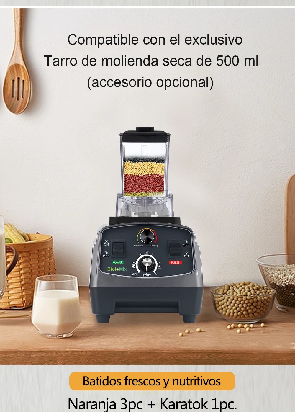 BioloMix-batidora con temporizador de alta resistencia, 3HP, 2200W, exprimidor, procesador de alimentos y frutas, batidos de hielo, sin BPA, tarro de 2L