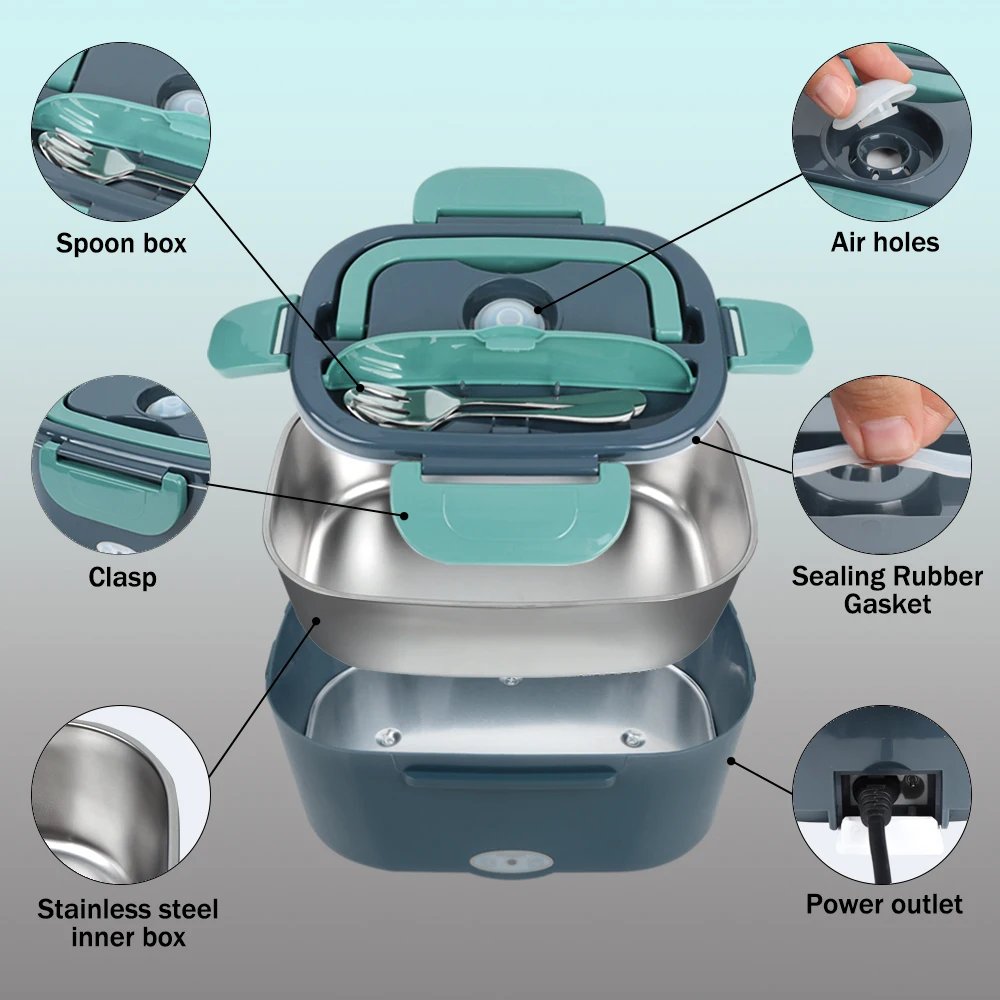 Fiambrera eléctrica de 1,5 L y 60W, calentador de alimentos portátil para coche o hogar, a prueba de fugas, calentador de almuerzo en microondas para camiones Fiambrera eléctrica de 1,5 L y 60W, calentador de alimentos portátil para coche o hogar, a prueba de fugas, calentador de almuerzo en microondas para camiones
