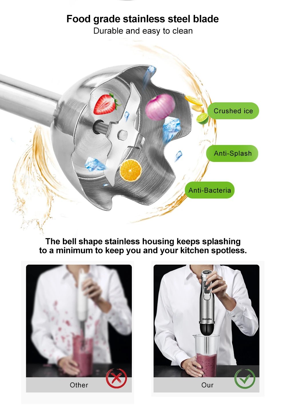 BioloMix-batidora de mano de inmersi&oacute;n 4 en 1, alta potencia, 1200W, incluye picadora y taza para batidos, cuchillas de hielo de acero inoxidable