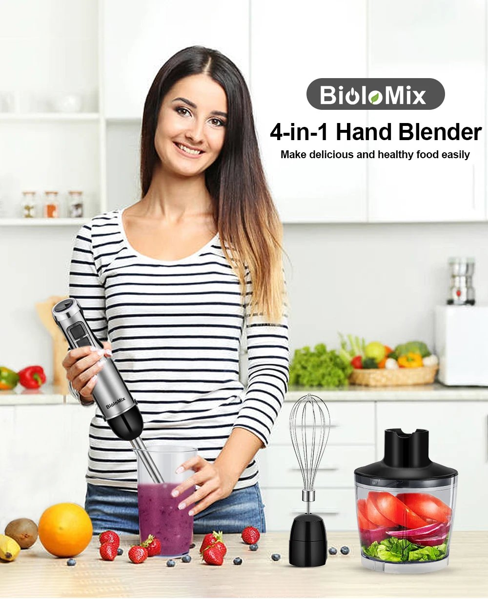 BioloMix-batidora de mano de inmersi&oacute;n 4 en 1, alta potencia, 1200W, incluye picadora y taza para batidos, cuchillas de hielo de acero inoxidable