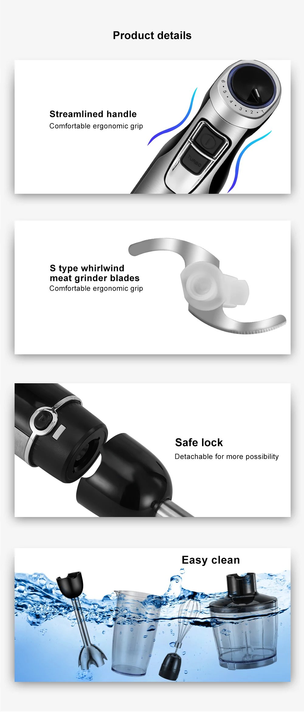 BioloMix-batidora de mano de inmersi&oacute;n 4 en 1, alta potencia, 1200W, incluye picadora y taza para batidos, cuchillas de hielo de acero inoxidable