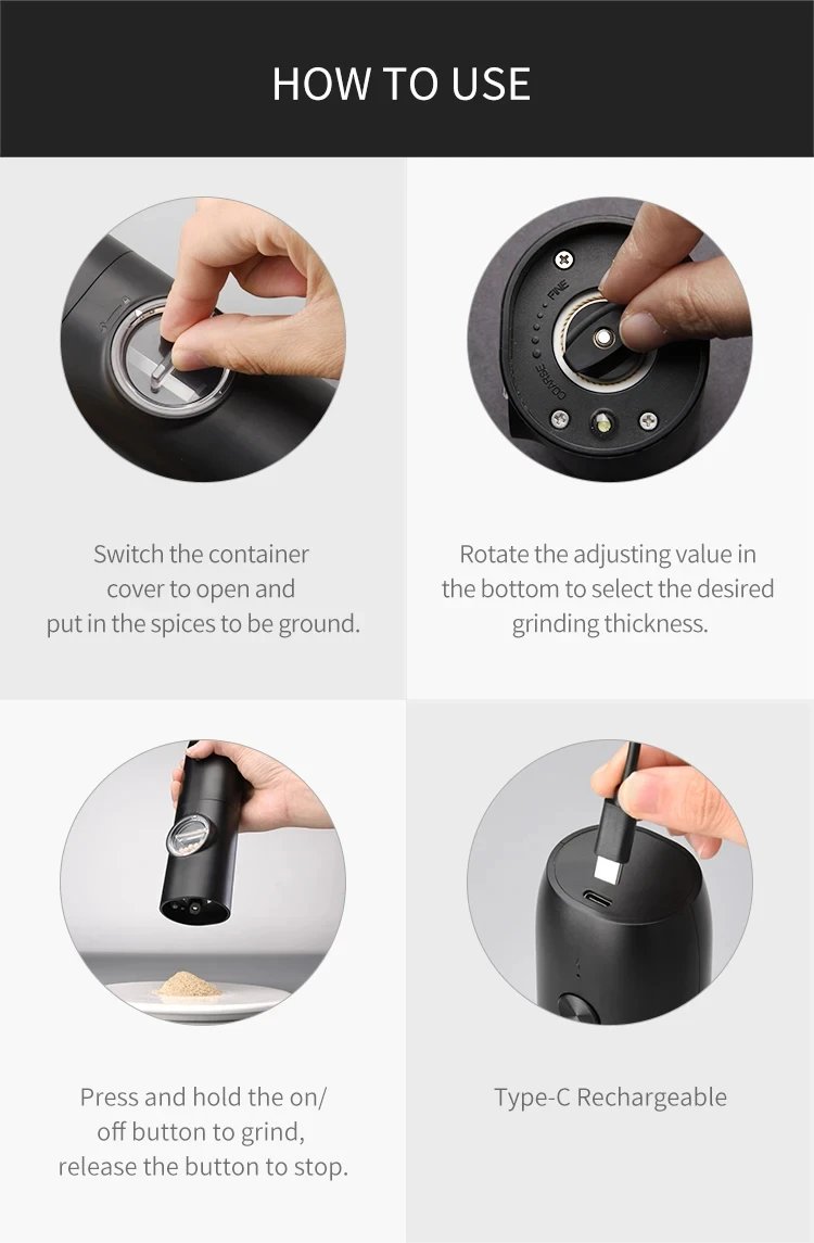 Juego de molinillo de pimienta y sal recargable, Base de carga USB, especias eléctricas automáticas ajustables, LED, molino de una mano, herramientas de cocina - Al Juego de molinillo de pimienta y sal recargable, Base de carga USB, especias eléctricas automáticas ajustables, LED, molino de una mano, herramientas de cocina - Al