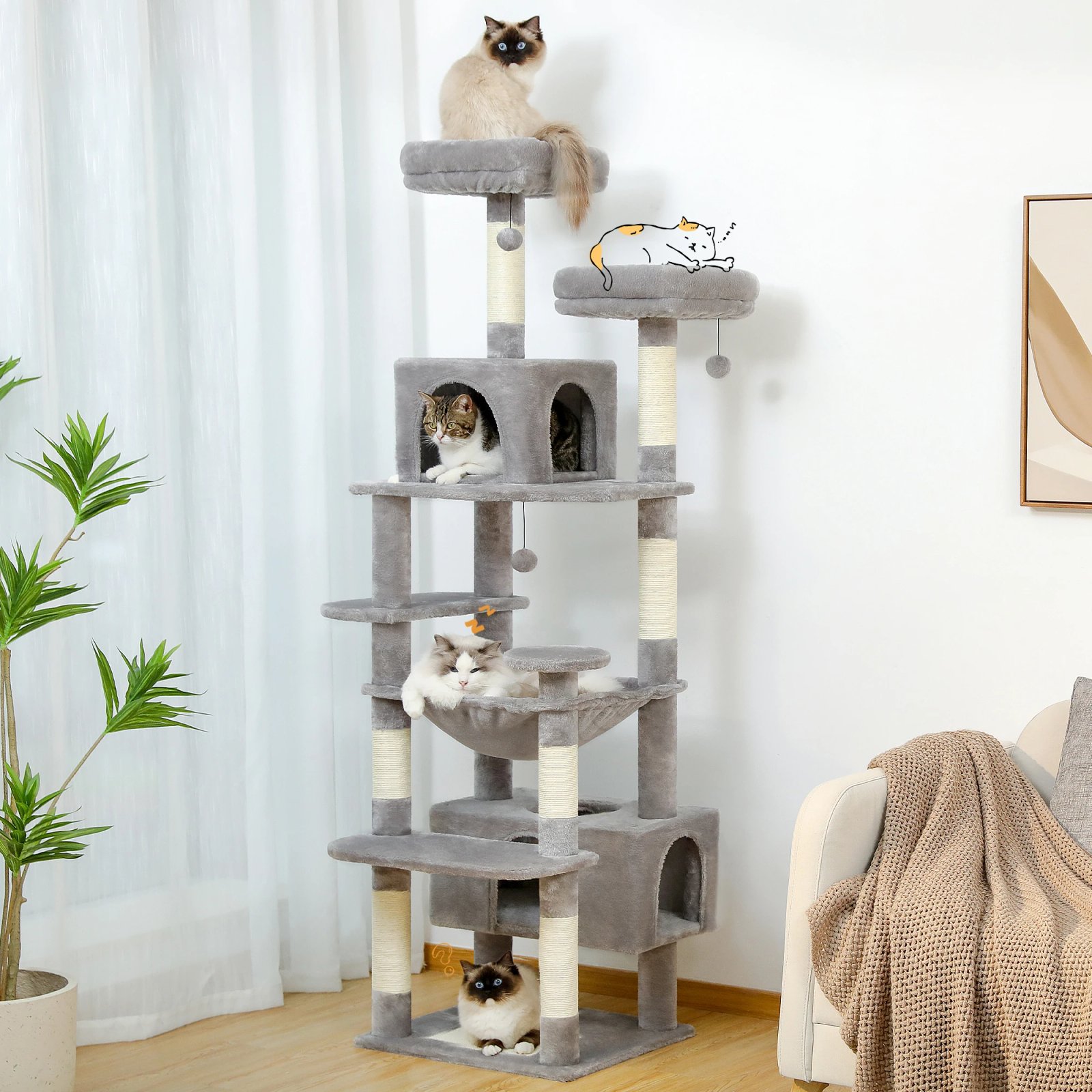 Árbol grande para gatos, torre alta para gatos de interior, Condo de gato de peluche de varios niveles con postes para rascar, tablas para rascar, perchas, cuádruplas Árbol grande para gatos, torre alta para gatos de interior, Condo de gato de peluche de varios niveles con postes para rascar, tablas para rascar, perchas, cuádruplas
