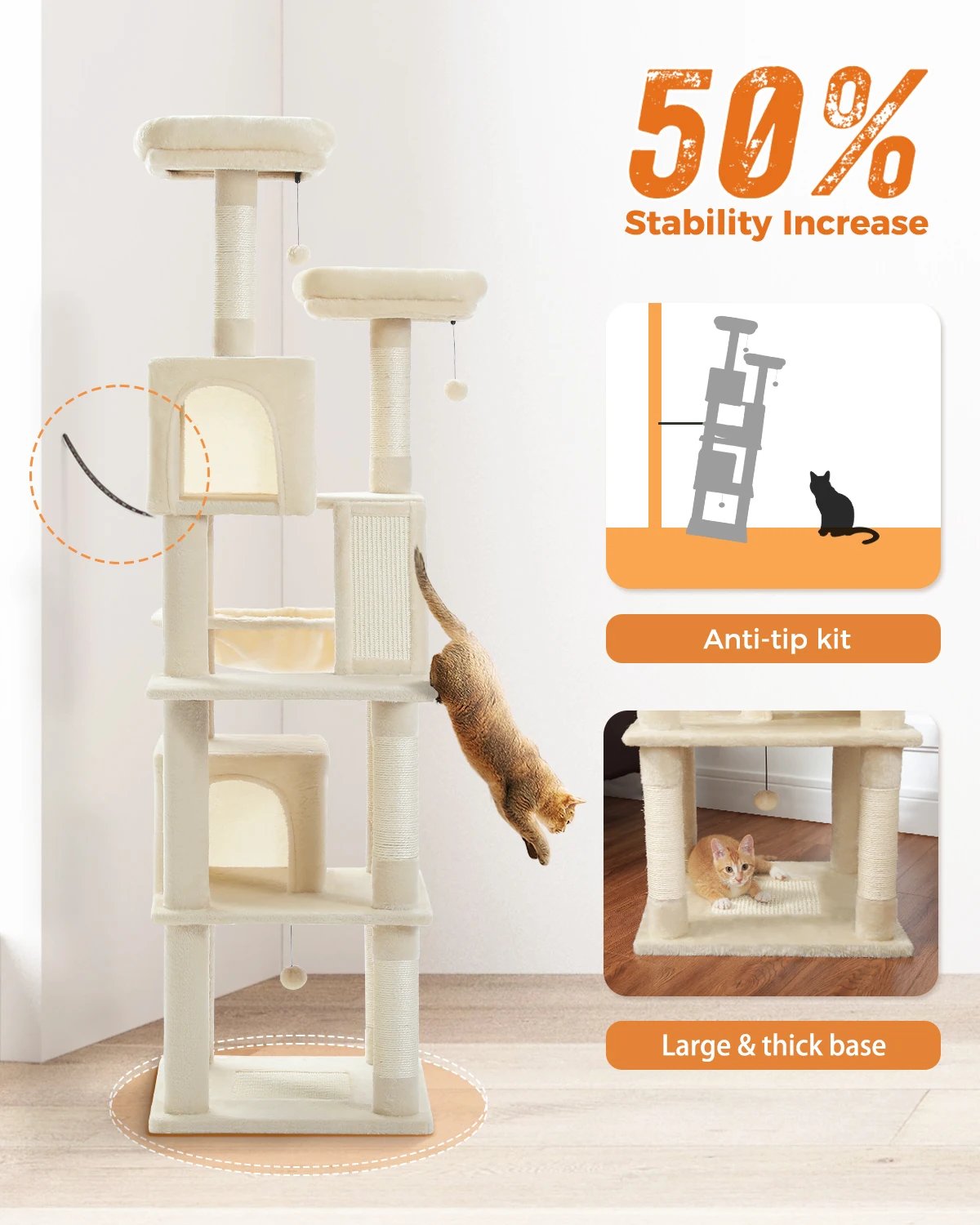 &Aacute;rbol grande para gatos, torre alta para gatos de interior, Condo de gato de peluche de varios niveles con postes para rascar, tablas para rascar, perchas, cu&aacute;druplas