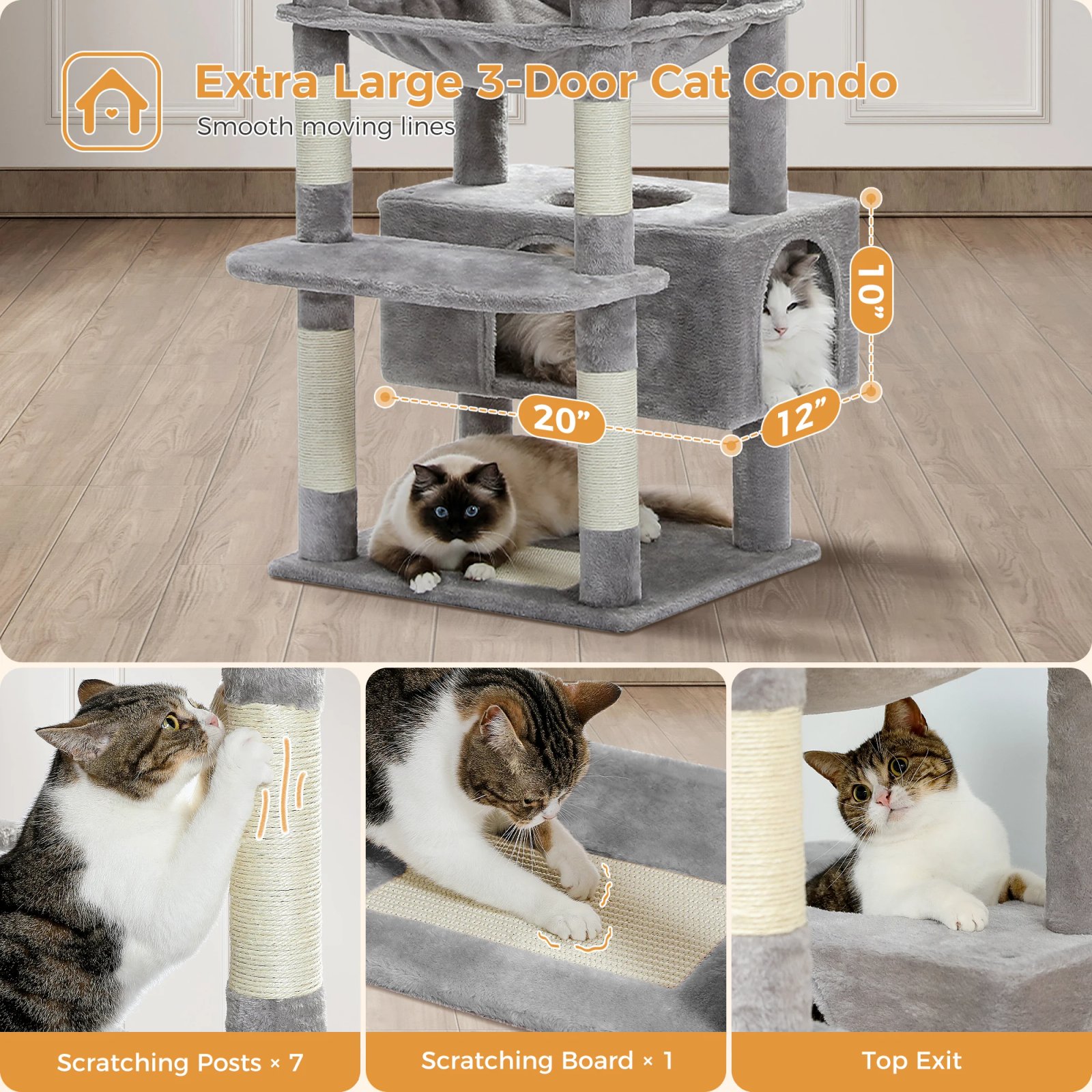 Árbol grande para gatos, torre alta para gatos de interior, Condo de gato de peluche de varios niveles con postes para rascar, tablas para rascar, perchas, cuádruplas Árbol grande para gatos, torre alta para gatos de interior, Condo de gato de peluche de varios niveles con postes para rascar, tablas para rascar, perchas, cuádruplas