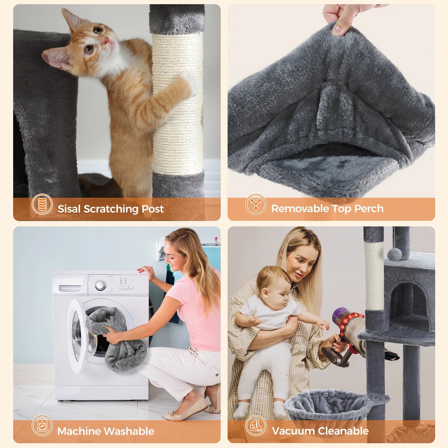 Árbol grande para gatos, torre alta para gatos de interior, Condo de gato de peluche de varios niveles con postes para rascar, tablas para rascar, perchas, cuádruplas Árbol grande para gatos, torre alta para gatos de interior, Condo de gato de peluche de varios niveles con postes para rascar, tablas para rascar, perchas, cuádruplas