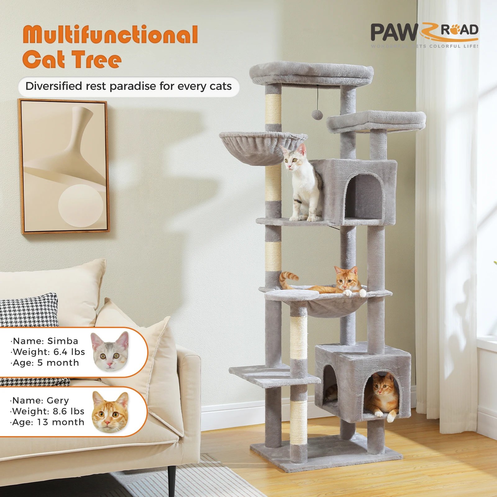Árbol grande para gatos, torre alta para gatos de interior, Condo de gato de peluche de varios niveles con postes para rascar, tablas para rascar, perchas, cuádruplas Árbol grande para gatos, torre alta para gatos de interior, Condo de gato de peluche de varios niveles con postes para rascar, tablas para rascar, perchas, cuádruplas