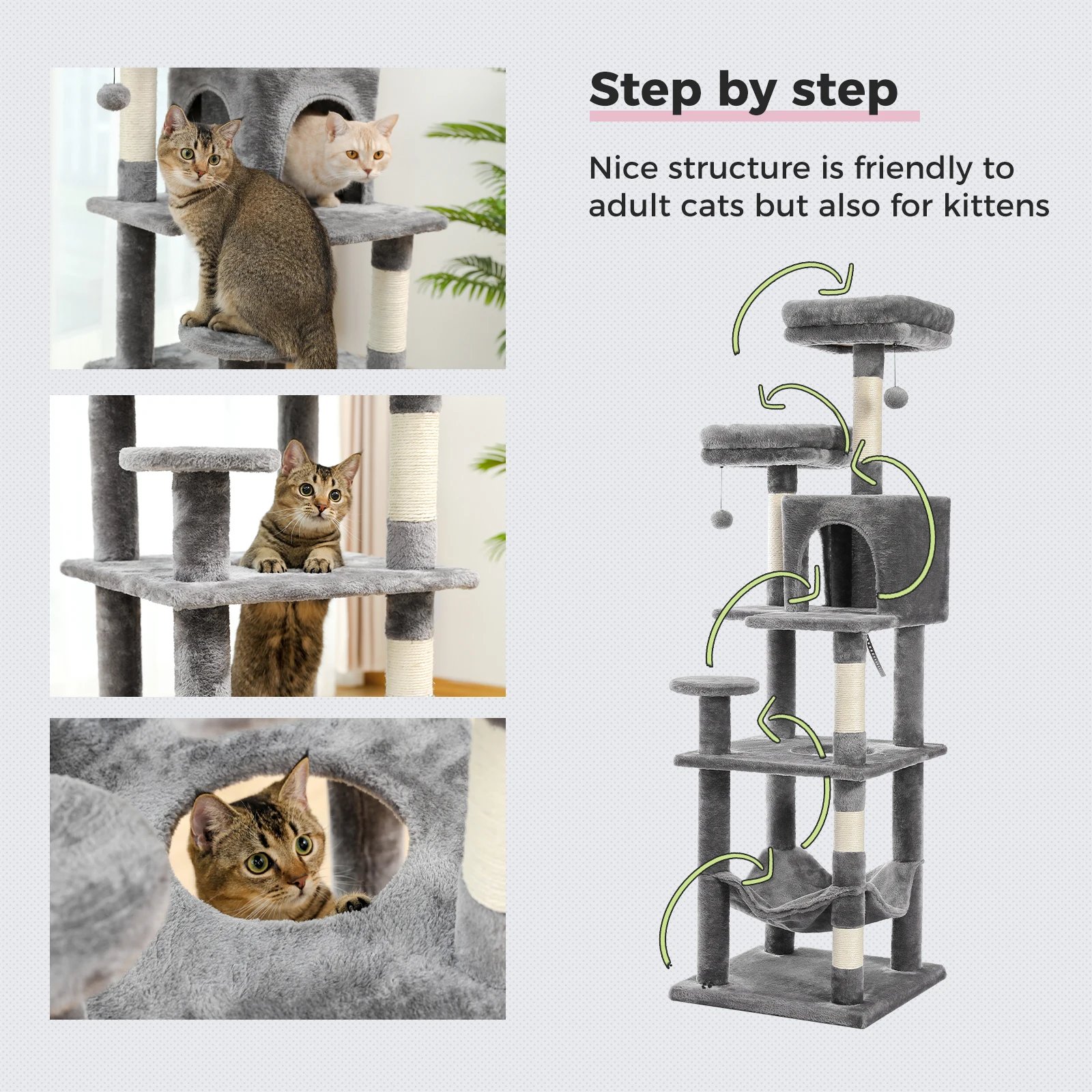 Árbol grande para gatos, torre alta para gatos de interior, Condo de gato de peluche de varios niveles con postes para rascar, tablas para rascar, perchas, cuádruplas Árbol grande para gatos, torre alta para gatos de interior, Condo de gato de peluche de varios niveles con postes para rascar, tablas para rascar, perchas, cuádruplas