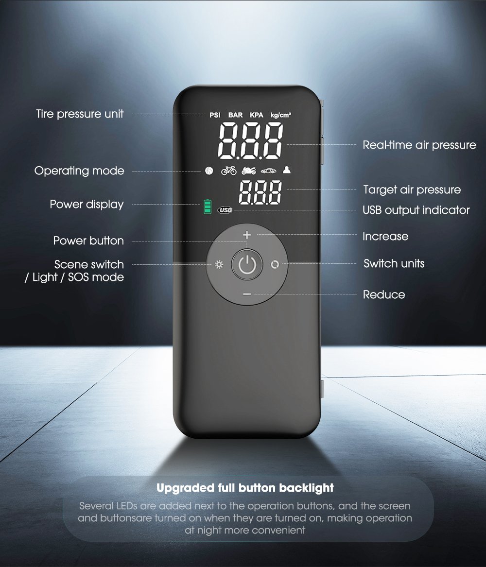 CARSUN-Inflador de neum&aacute;ticos recargable, bomba de aire port&aacute;til, compresor Digital inal&aacute;mbrico, inflador de neum&aacute;ticos de coche para bolas de bicicleta y motocicleta