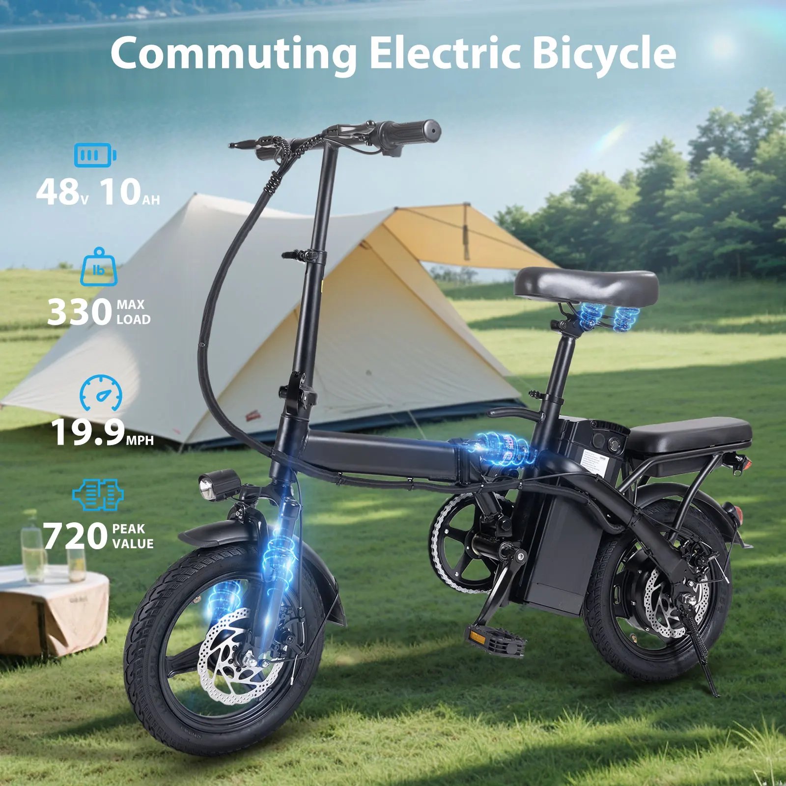 Bicicleta eléctrica plegable para adultos con freno de disco dual de 400W con asiento y cesta 14 pulgadas 48V 10.4Ah rango de 22 millas 20MPH Bicicleta eléctrica plegable para adultos con freno de disco dual de 400W con asiento y cesta 14 pulgadas 48V 10.4Ah rango de 22 millas 20MPH