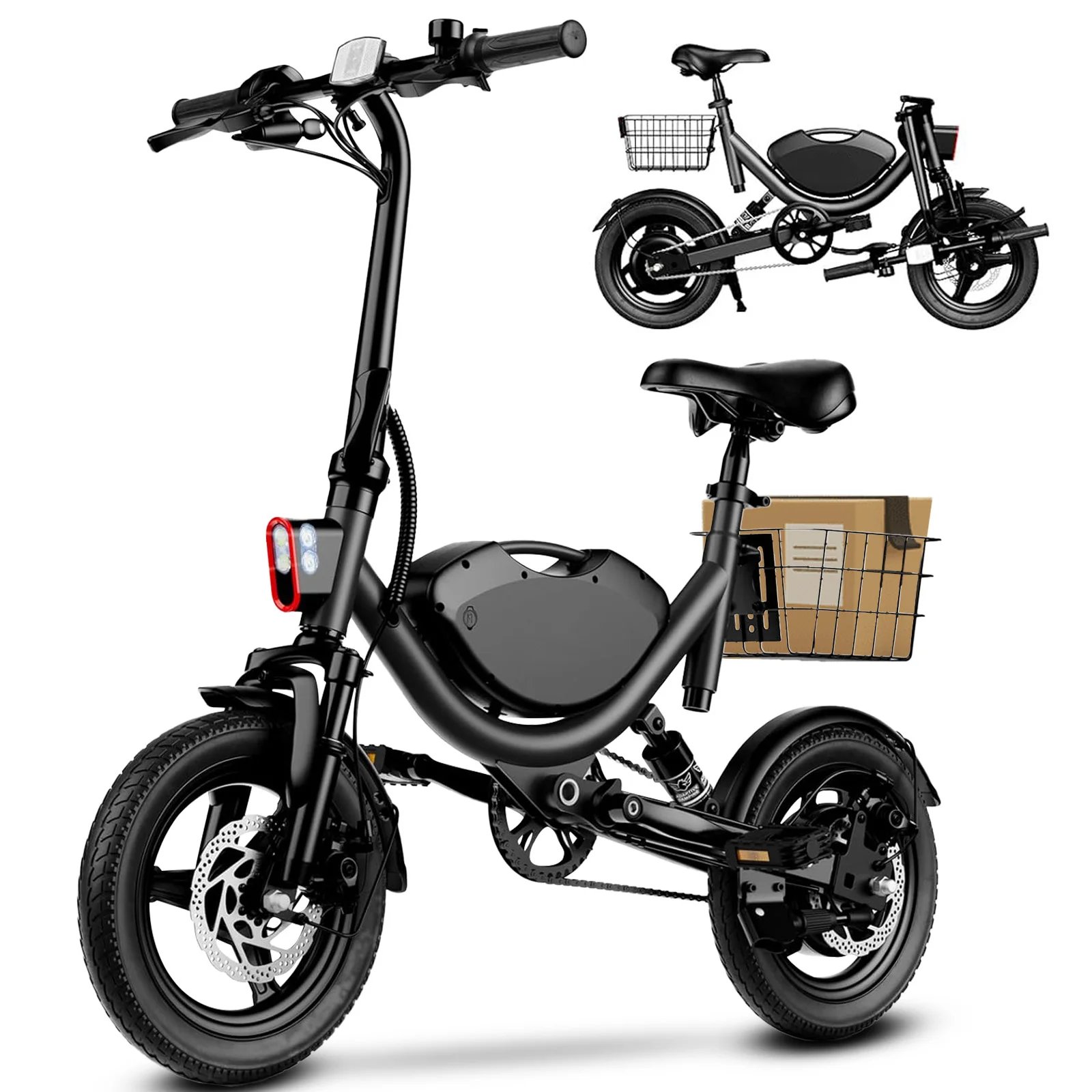 Bicicleta el&eacute;ctrica plegable para adultos de 500W, 22MPH, neum&aacute;ticos de 35 millas y 14 pulgadas, suspensi&oacute;n dual, bater&iacute;a de 36V7.8AH, con asiento y cesta