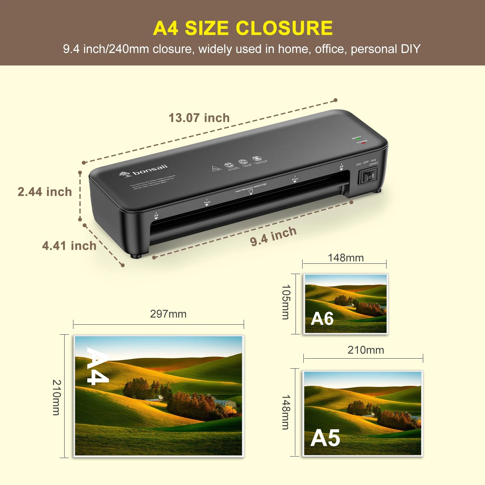 Bonsaii Laminador térmico de 9 pulgadas con tecnología Never Jam para documentos, carteles, fotos: simple y conveniente para el hogar, la oficina, la escuela Bonsaii Laminador térmico de 9 pulgadas con tecnología Never Jam para documentos, carteles, fotos: simple y conveniente para el hogar, la oficina, la escuela