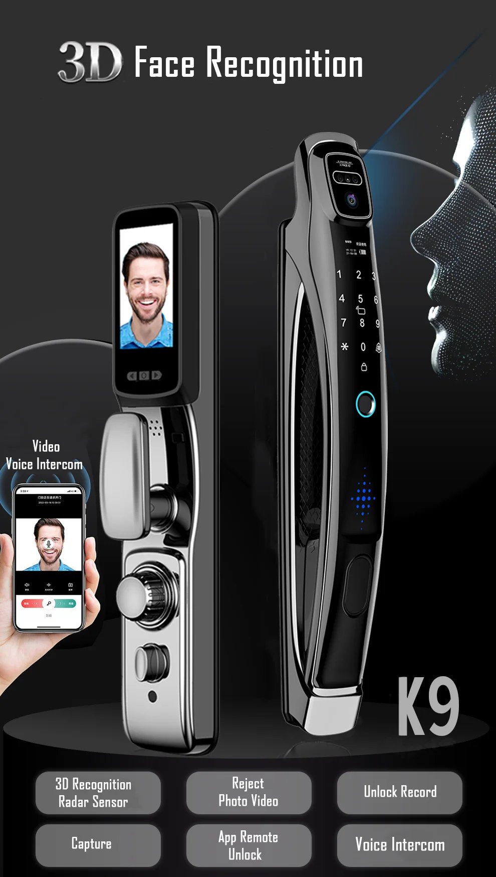 Cerradura de puerta inteligente con reconocimiento facial, aplicación Wifi Tuya, con cámara, videollamada, intercomunicador de voz, cerradura de puerta Digital, cerradura de puerta automática Cerradura de puerta inteligente con reconocimiento facial, aplicación Wifi Tuya, con cámara, videollamada, intercomunicador de voz, cerradura de puerta Digital, cerradura de puerta automática