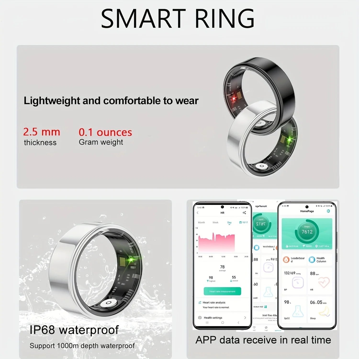 Anillo inteligente, seguimiento del sue&ntilde;o, monitoreo de movimiento, compatible con iPhone y Android, regalo inteligente, adecuado para mujeres y hombres