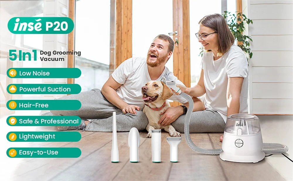 INSE P20 Kit de aseo para mascotas y succi&oacute;n al vac&iacute;o 99% de pelo de mascotas, cortapelos profesionales con 5 herramientas de aseo para perros, gatos y