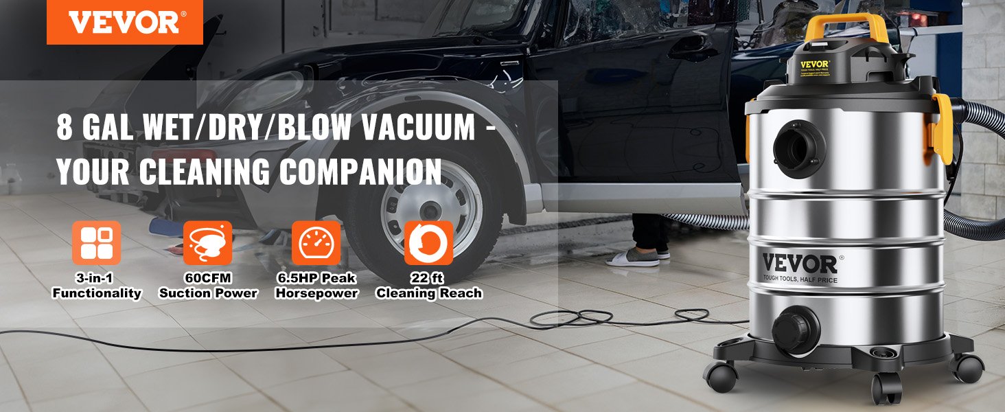 VEVOR Aspiradora de acero inoxidable para tienda en seco y h&uacute;medo, aspiradora en seco y h&uacute;medo, aspiradora de tienda peque&ntilde;a de succi&oacute;n potente, perfecta para desechos de alfombras, pelo de mascotas