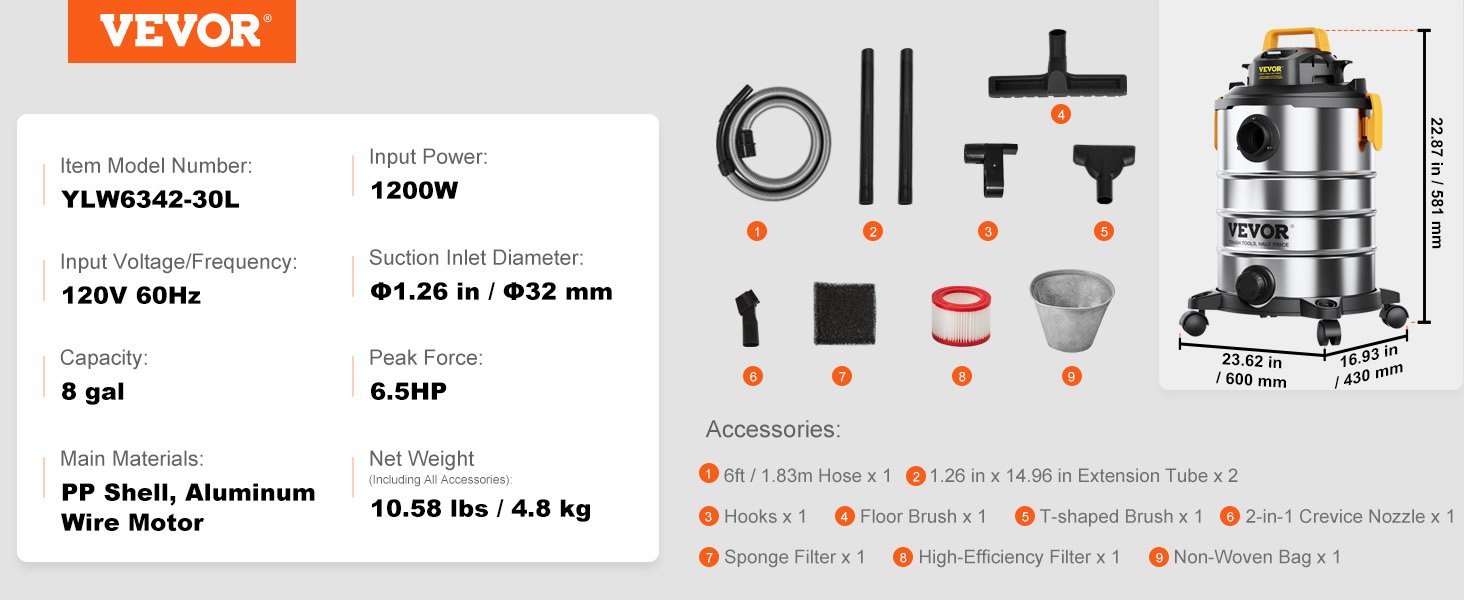 VEVOR Aspiradora de acero inoxidable para tienda en seco y h&uacute;medo, aspiradora en seco y h&uacute;medo, aspiradora de tienda peque&ntilde;a de succi&oacute;n potente, perfecta para desechos de alfombras, pelo de mascotas