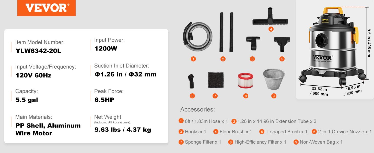 VEVOR Aspiradora de acero inoxidable para tienda en seco y h&uacute;medo, aspiradora en seco y h&uacute;medo, aspiradora de tienda peque&ntilde;a de succi&oacute;n potente, perfecta para desechos de alfombras, pelo de mascotas
