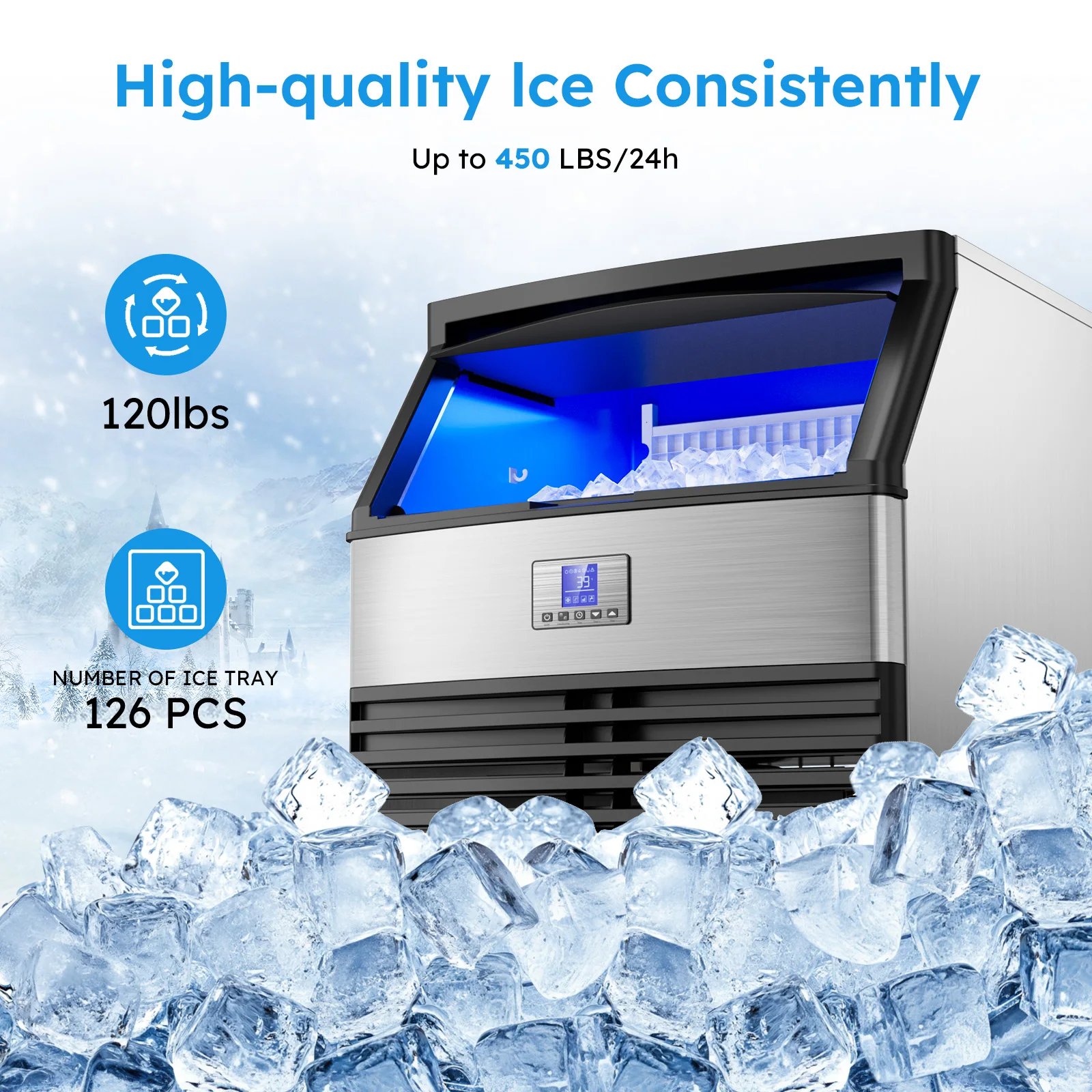 Máquina de hielo comercial, máquina de Fabricación de hielo con contenedor de almacenamiento grande, máquina de hielo autolimpiante automática perfecta para el negocio del bar en el hogar Máquina de hielo comercial, máquina de Fabricación de hielo con contenedor de almacenamiento grande, máquina de hielo autolimpiante automática perfecta para el negocio del bar en el hogar