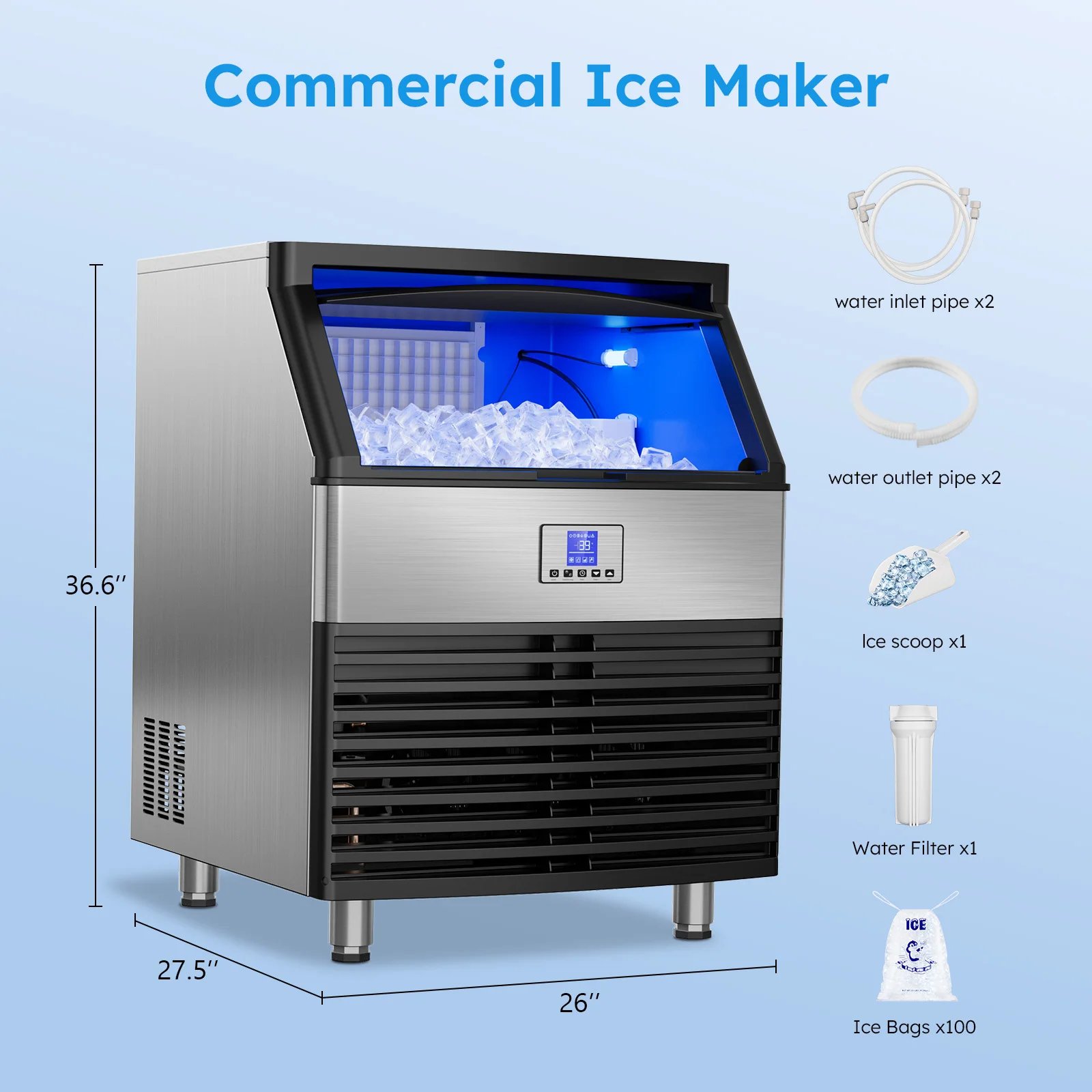 Máquina de hielo comercial, máquina de Fabricación de hielo con contenedor de almacenamiento grande, máquina de hielo autolimpiante automática perfecta para el negocio del bar en el hogar Máquina de hielo comercial, máquina de Fabricación de hielo con contenedor de almacenamiento grande, máquina de hielo autolimpiante automática perfecta para el negocio del bar en el hogar