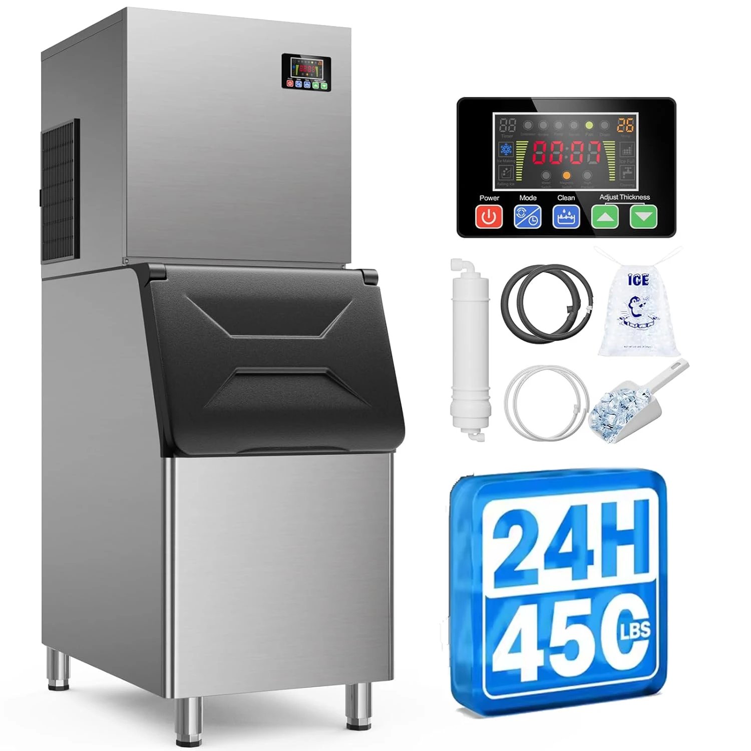 Máquina de hielo comercial, máquina de Fabricación de hielo con contenedor de almacenamiento grande, máquina de hielo autolimpiante automática perfecta para el negocio del bar en el hogar Máquina de hielo comercial, máquina de Fabricación de hielo con contenedor de almacenamiento grande, máquina de hielo autolimpiante automática perfecta para el negocio del bar en el hogar