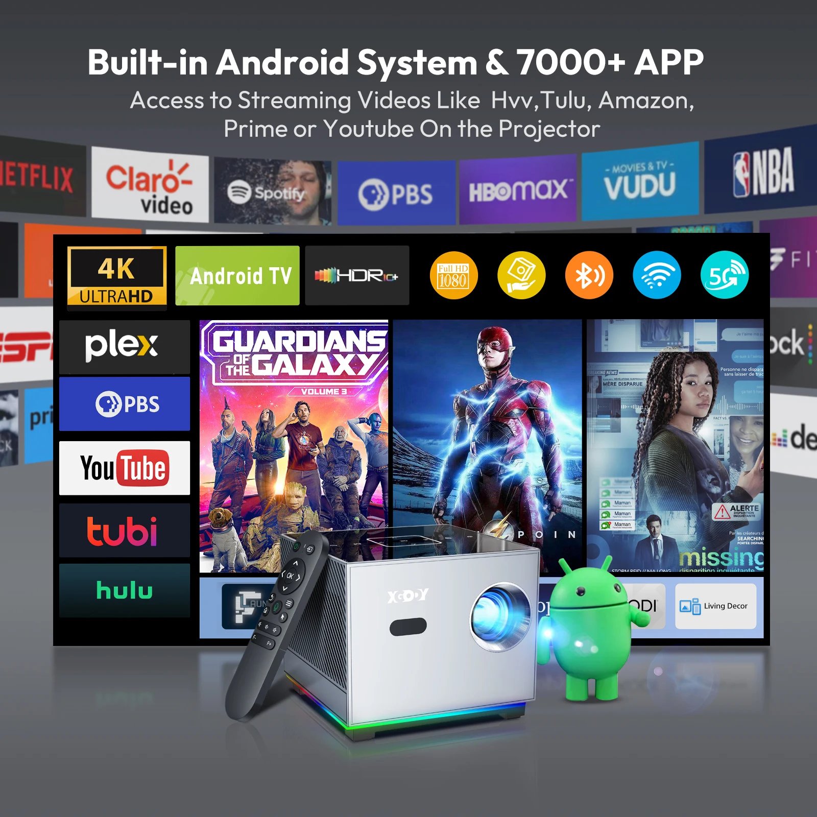 Proyector XGODY 4K X3 con WiFi Bluetooth Proyector de pel&iacute;culas para uso en exteriores Proyector Compatible con iOS Android HDMI TV Stick