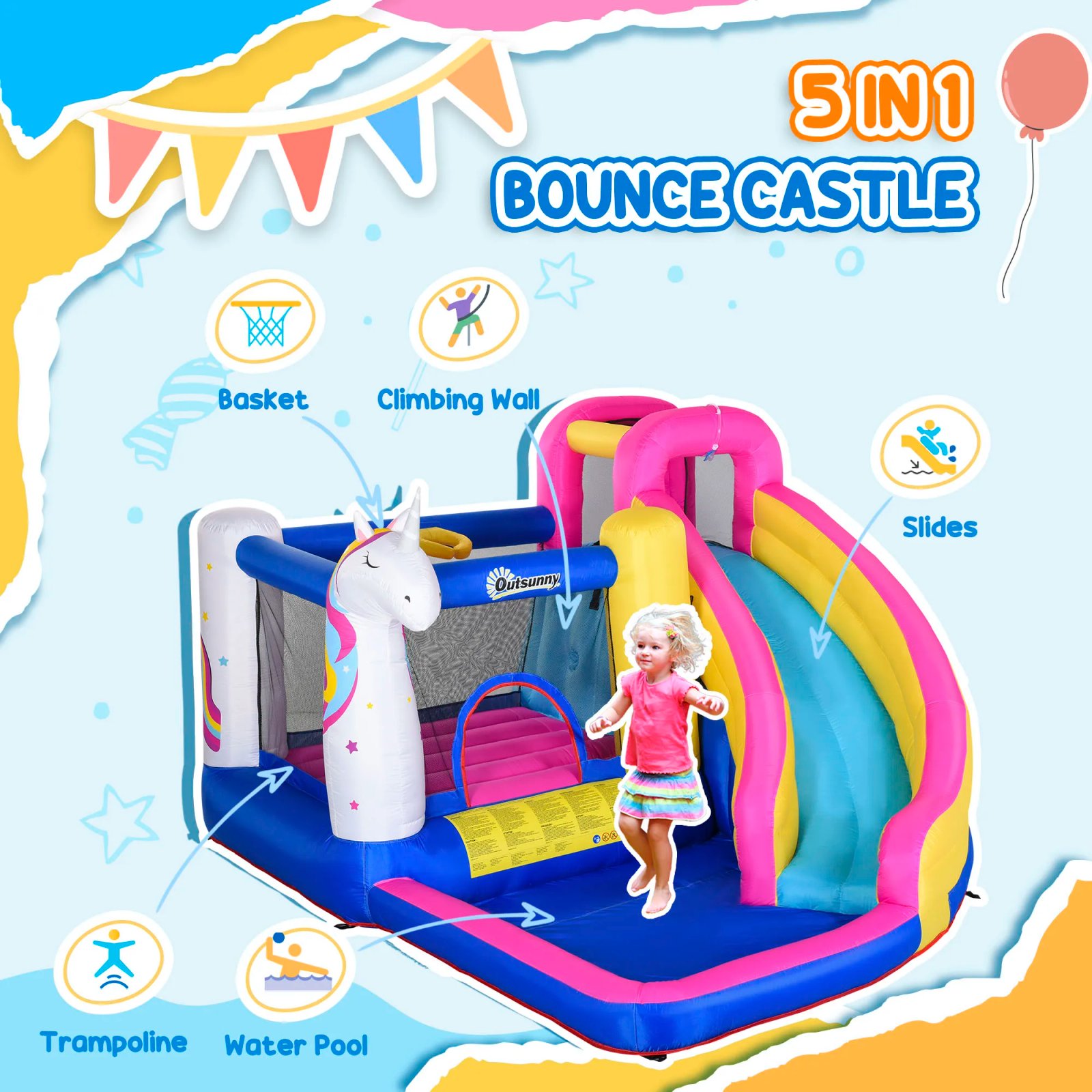 Casa inflable grande del rebote del unicornio 5 en 1, tobogán acuático inflable para los niños Casa inflable grande del rebote del unicornio 5 en 1, tobogán acuático inflable para los niños