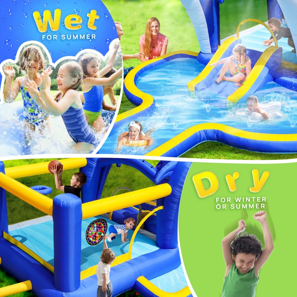 Trampol&iacute;n inflable 6 en 1 para parque acu&aacute;tico, casa que rebota, jard&iacute;n al aire libre con rociador de delfines, juegos de objetivo y pistola de agua