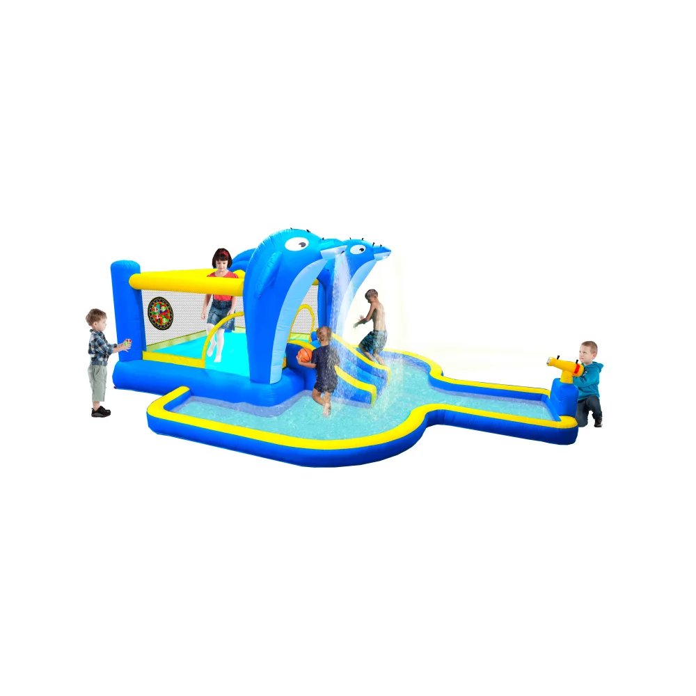 Trampol&iacute;n inflable 6 en 1 para parque acu&aacute;tico, casa que rebota, jard&iacute;n al aire libre con rociador de delfines, juegos de objetivo y pistola de agua