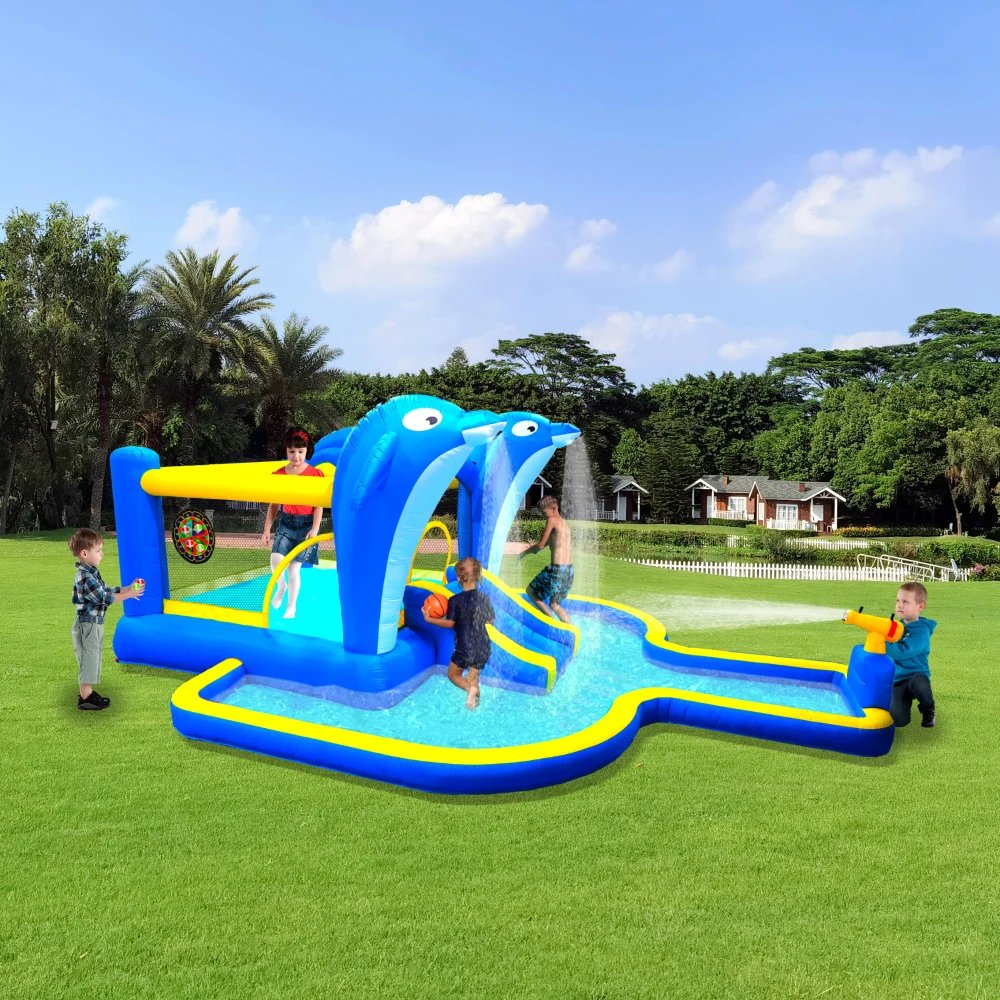 Trampol&iacute;n inflable 6 en 1 para parque acu&aacute;tico, casa que rebota, jard&iacute;n al aire libre con rociador de delfines, juegos de objetivo y pistola de agua