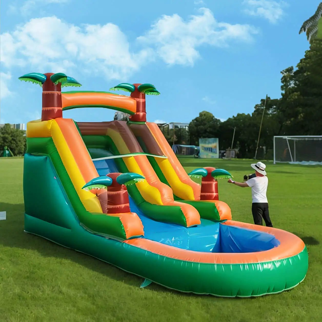 Piscina inflable de verano para exteriores, rebote de aire, diversión de agua, equipo de juego, bola de burbuja de doble tobogán de agua inflable Piscina inflable de verano para exteriores, rebote de aire, diversión de agua, equipo de juego, bola de burbuja de doble tobogán de agua inflable