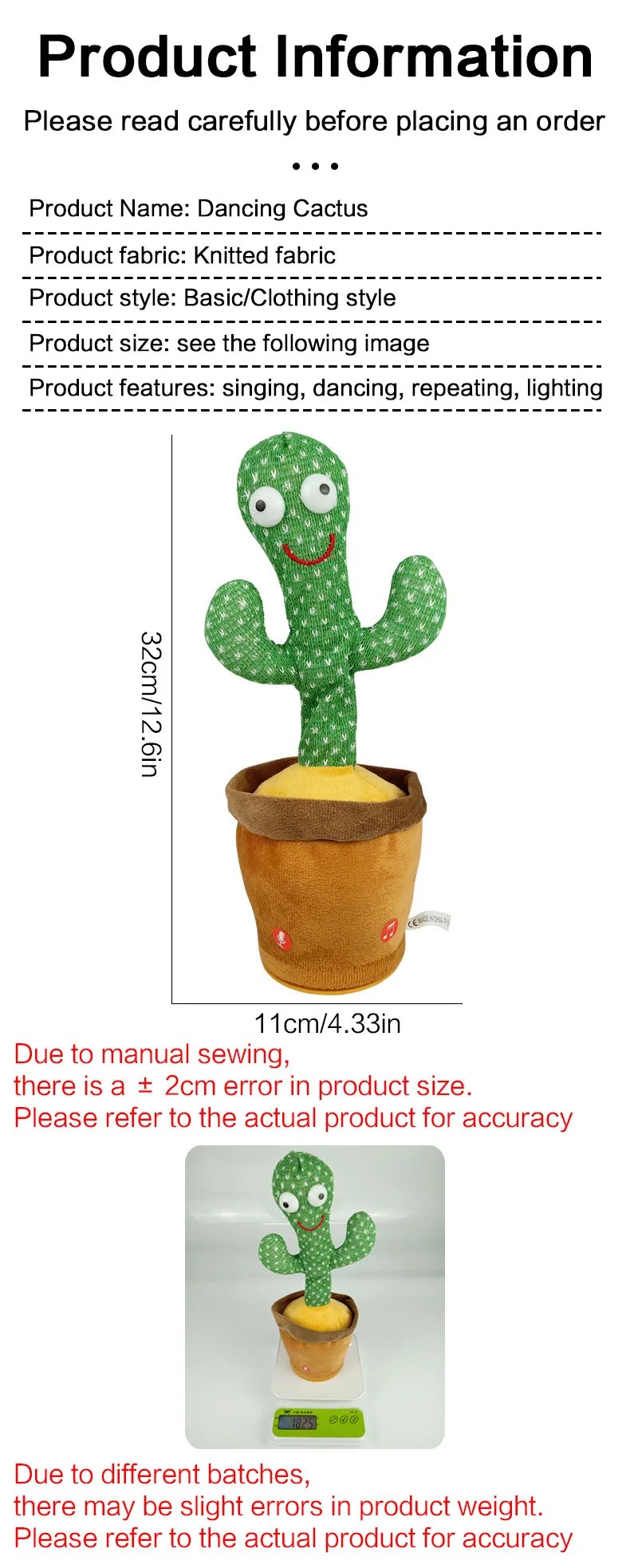 Cactus parlante bailando, juguetes para cantar, imitando, grabar, repetir lo que dice, juguete de peluche brillante para beb&eacute;s, ni&ntilde;os y ni&ntilde;as con ropa