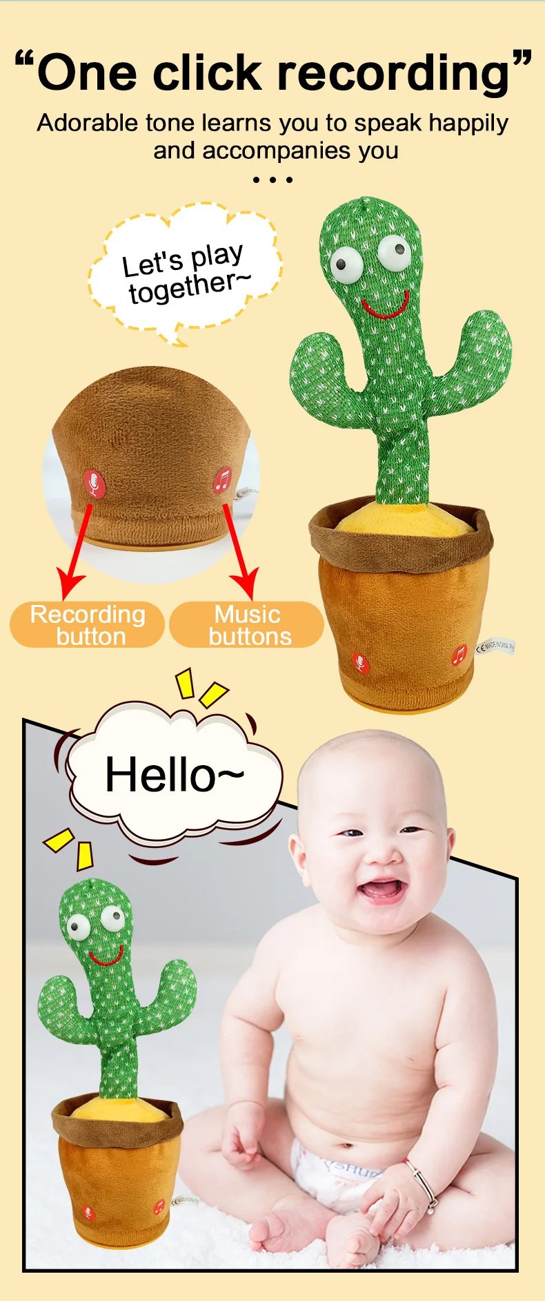 Cactus parlante bailando, juguetes para cantar, imitando, grabar, repetir lo que dice, juguete de peluche brillante para beb&eacute;s, ni&ntilde;os y ni&ntilde;as con ropa